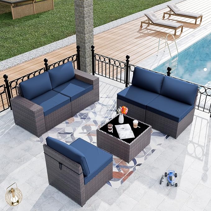 Patio Furniture Set Sofa 6pcs Wicker Sectional Sofa Set, Outdoor Furniture Rattan Patio Conversation Set with Thickened Cushions and Glass Coffee Table, Dark Blue