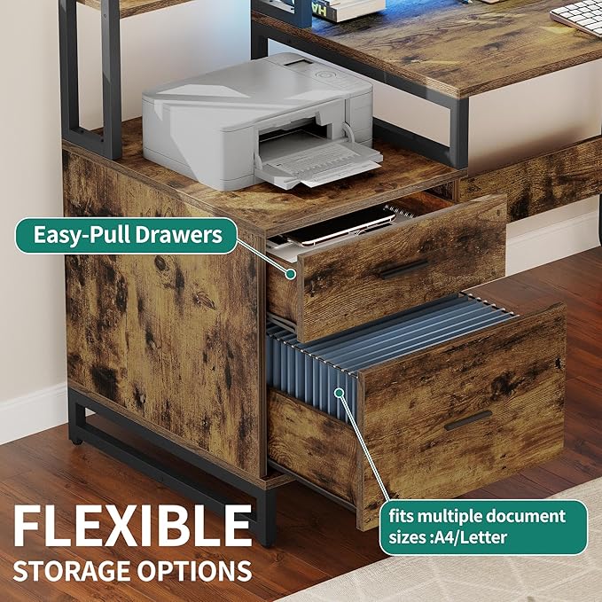 YITAHOME L Shaped Desk with Power Outlets & Hutch, Computer Desk with Drawers & LED Lights, Reversible Corner Office Desk with Printer Stand for Home Office, Rustic Brown