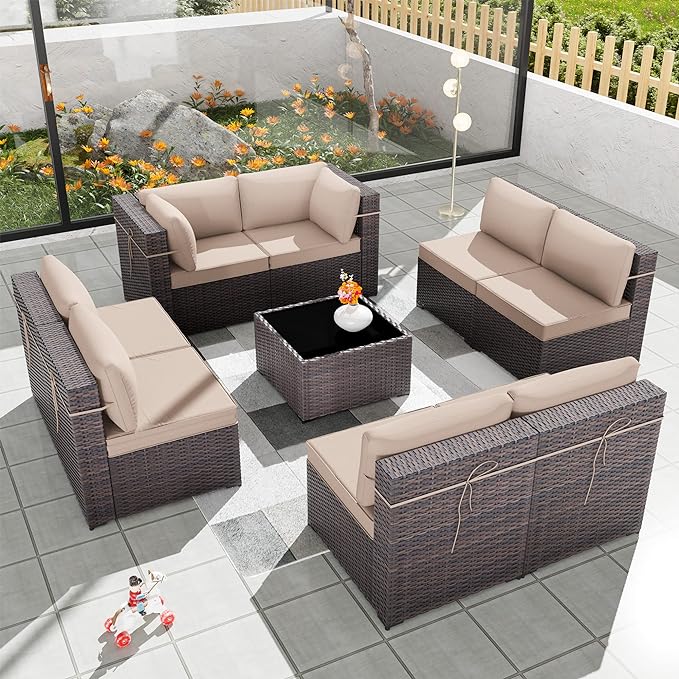Patio Furniture Set 9PCS Outdoor Furniture for Backyard Wicker Sectional Sofa Set, Rattan Patio Conversation Set with Thickened Cushions and Glass Coffee Table, Sand