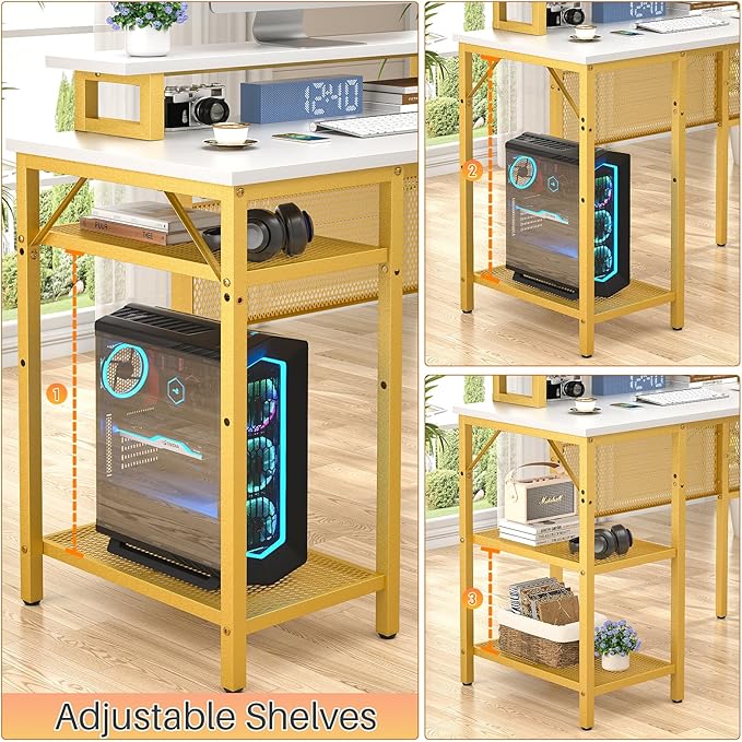 Reversible L Shaped Computer Desk with Power Outlet & Monitor Stand, 55 Inch Office Desk with RGB LED Light, Sturdy Corner Desk with Storage Shelf, Gaming Table, Easy to Assemble, White