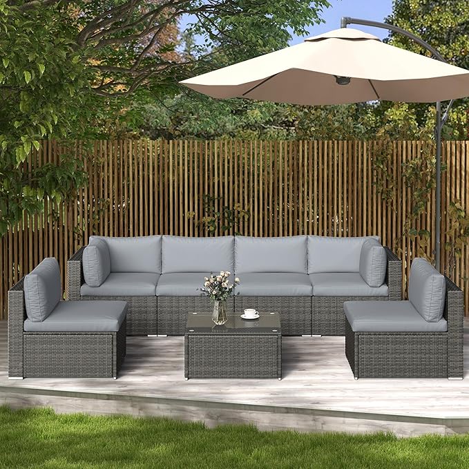 SUNVIVI OUTDOOR 7 Piece Patio Furniture Sets All Weather Gery PE Wicker Couch Sofa with Glass Table, Removable Grey Cushions