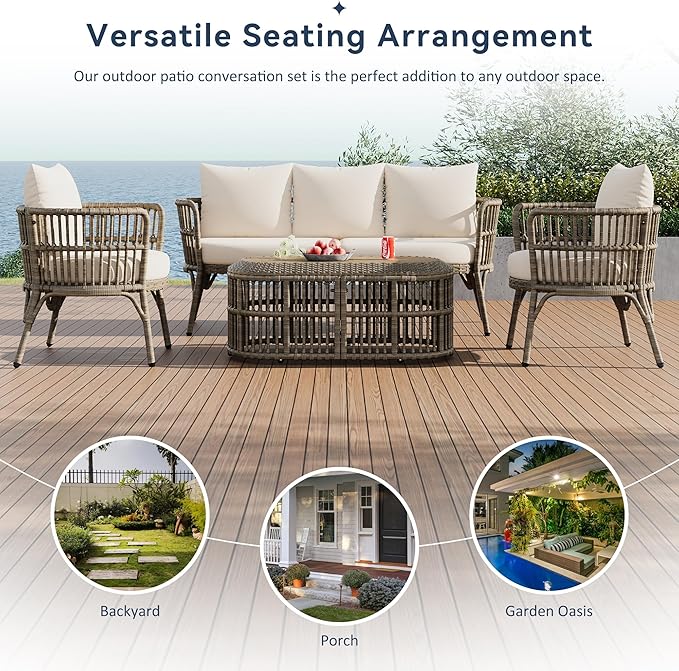 Furniture 4-Piece Outdoor Patio Conversation Seating for 5 Person and Coffee Table, Rattan Chair Wicker Sofa Bistro Sets for Porch, Backyard and Garden, Brown