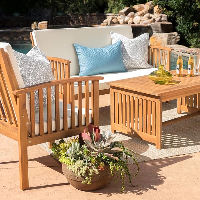 Christopher Knight Home Carolina Outdoor Acacia Sofa Set, 4-Pcs Set, Brown Patina + Cream Cushion