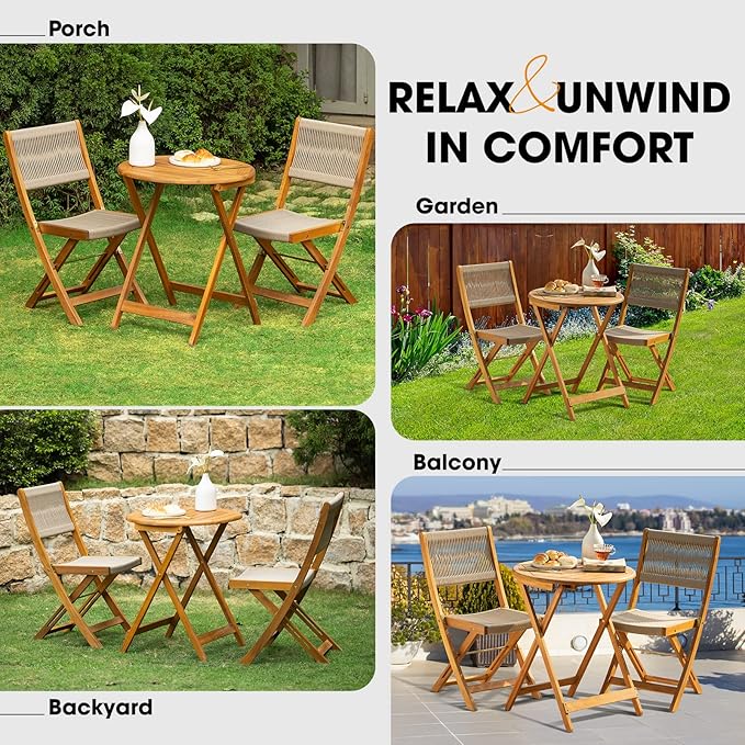 Heavy Duty 400lbs Capacity Patio Bistro Set 3 Piece Outdoor, Folding Chairs with Elegant, Wood Rope Design - Beige