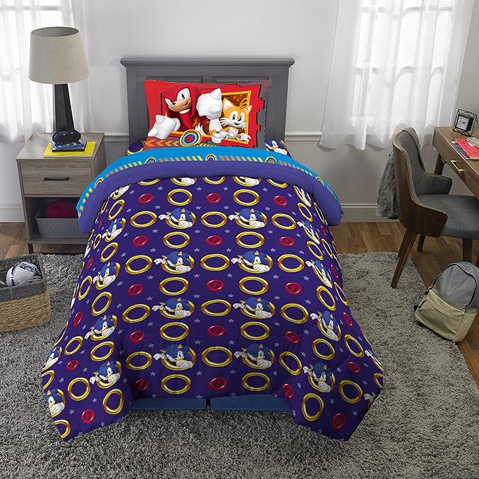 Franco Kids Bedding Super Soft Comforter and Sheet Set, 4 Piece Twin Size, Sonic The Hedgehog, Anime