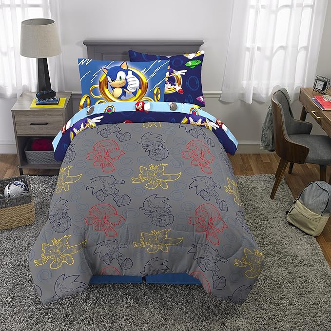 Franco Kids Bedding Super Soft Comforter and Sheet Set with Sham, 5 Piece Twin Size, Sonic The Hedgehog, Anime