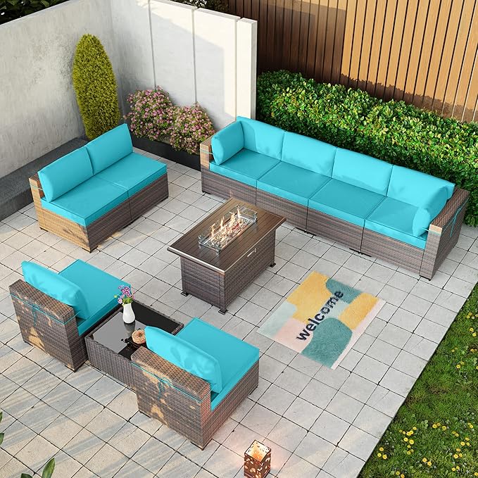 Kullavik 10 Pieces Outdoor Patio Furniture Set with 43" Gas Propane Fire Pit Table PE Wicker Rattan Sectional Sofa Patio Conversation Sets,Blue