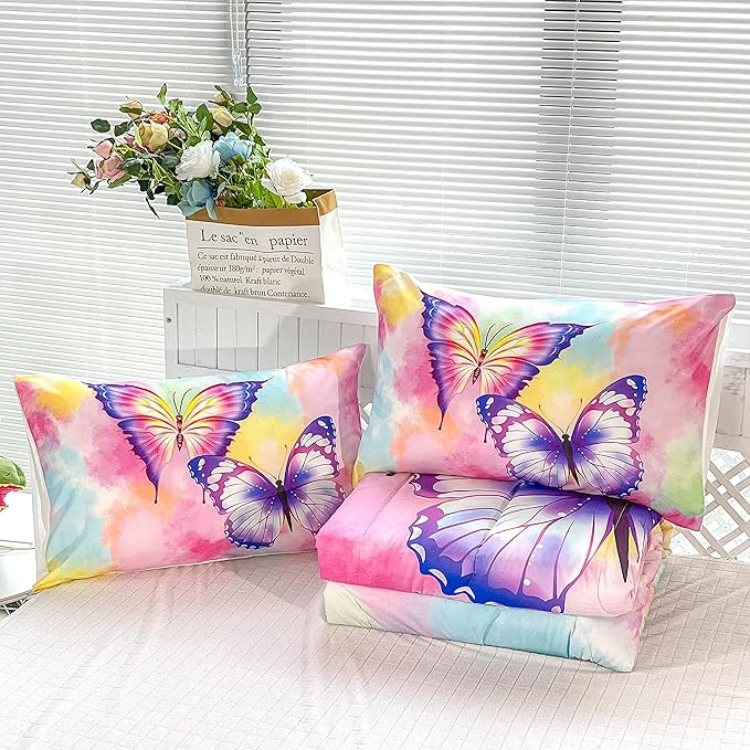 CVHOUSE Butterfly Bedding Set,Butterfly Comforter King,Butterfly Comforter Set for Girls Kids Teens,Butterflies Quilt Set with 1 Comforter and 2 Pillow Cases