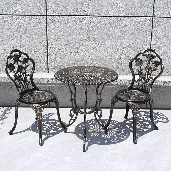 KAILI Outdoor Furniture Bistro Set with Rose Pattern 1 Table 2 Chairs for Garden Patio Porch (Rose-Bronzed)