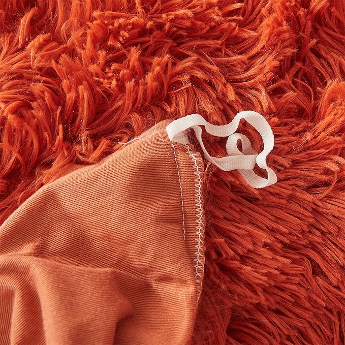Fluffy Orange Comforter Cover Set Queen - Ultra Soft Plush Burnt Orange Bedding Sets 3 Pieces (1 Faux Fur Duvet Cover + 2 Faux Fur Pillow case) Boho Orange Queen Bed Sets (Dark Orange, Queen)