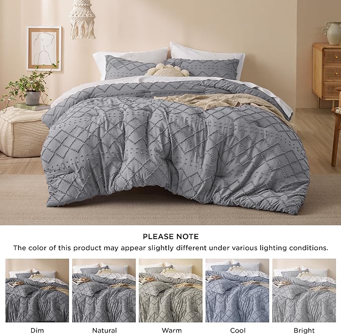 Bedsure King Size Comforter Set - Grey Comforter, Boho Tufted Shabby Chic Bedding Comforter Set, 3 Pieces Vintage Farmhouse Bed Set for All Seasons, Fluffy Soft Bedding Set with 2 Pillow Shams