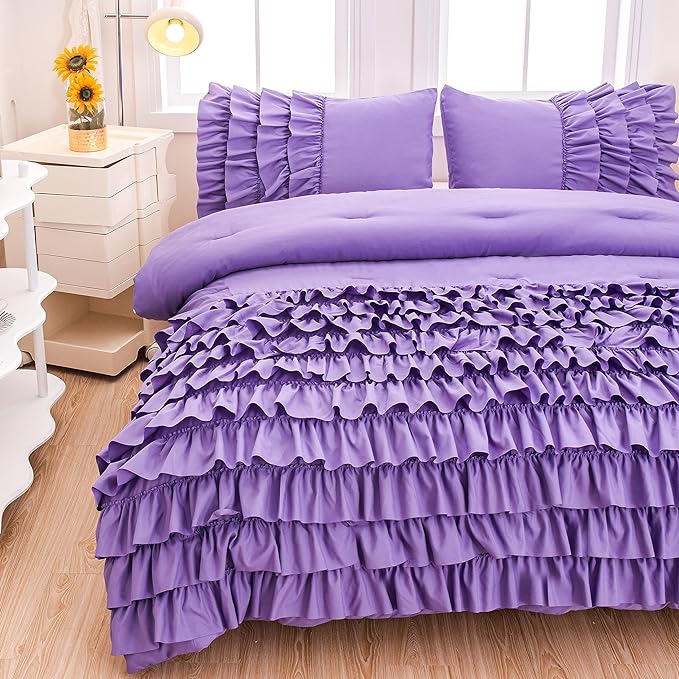 Girls Comforter Set Queen, Lavender Ruffle Bedding Set Queen, Purple Comforter Sets for Queen Size Bed with Sheets, Girls Queen Bedroom Comforter Set