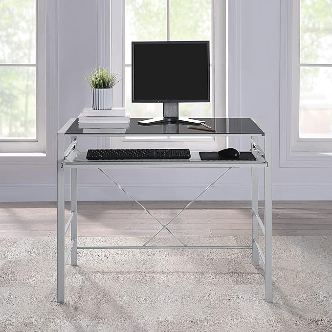 OSP Home Furnishings Zephyr Computer Desk with Keyboard Shelf and Tempered Glass Top, Black Glass and Silver Frame