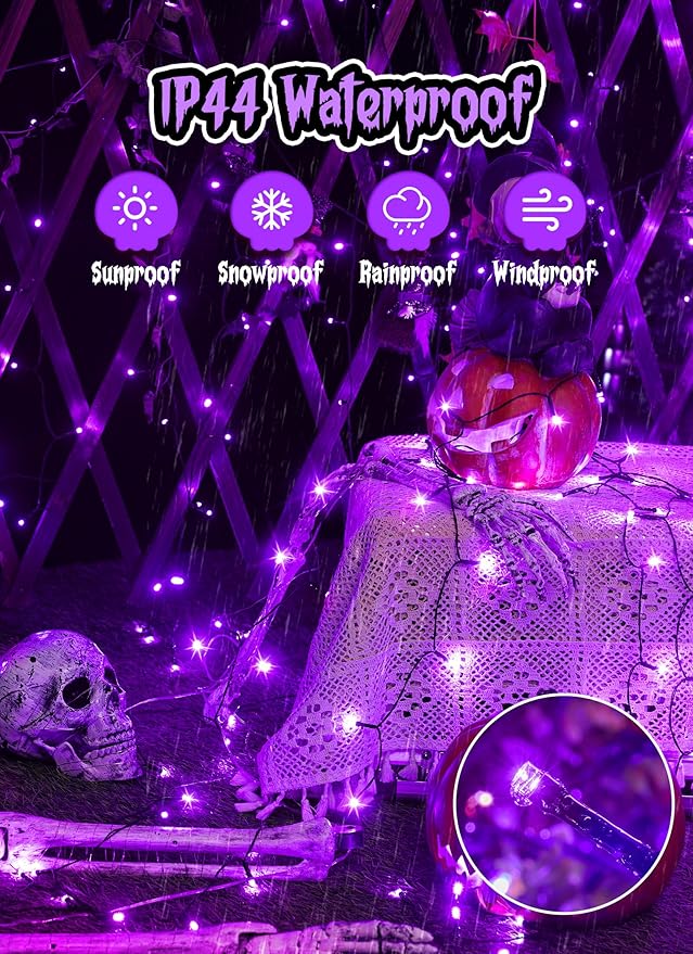 Minetom 2 Pack Solar Halloween Lights Outdoor, Total 80FT 200 LED Halloween String Lights with 8 Modes, Halloween Decoration Outdoor, Waterproof Solar String Lights for Outside Tree Yard Party, Purple