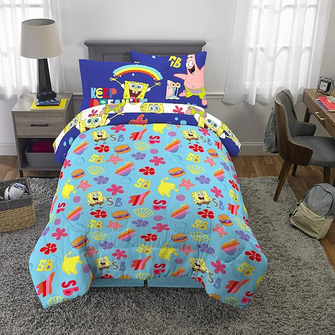 Franco Kids Bedding Super Soft Comforter and Sheet Set with Sham, 5 Piece Twin Size, Spongebob Squarepants
