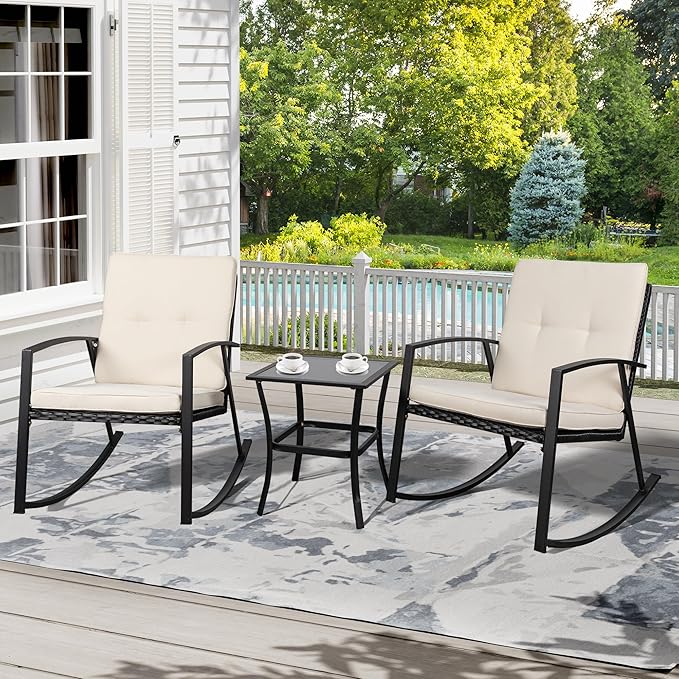 Shintenchi 3 Pieces Rocking Bistro Set Wicker Patio Outdoor Furniture, 2 Rattan Porch Chairs Conversation Sets with Glass Coffee Table (Beige)