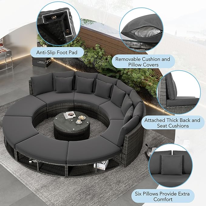 9-Pieces Outdoor Patio Furniture Set, Rattan Wicker Circular Sectional Sofa with Storage, Tempered Glass Table and 6 Pillows, Garden Lawn Half Moon Conversation Couch, Grey