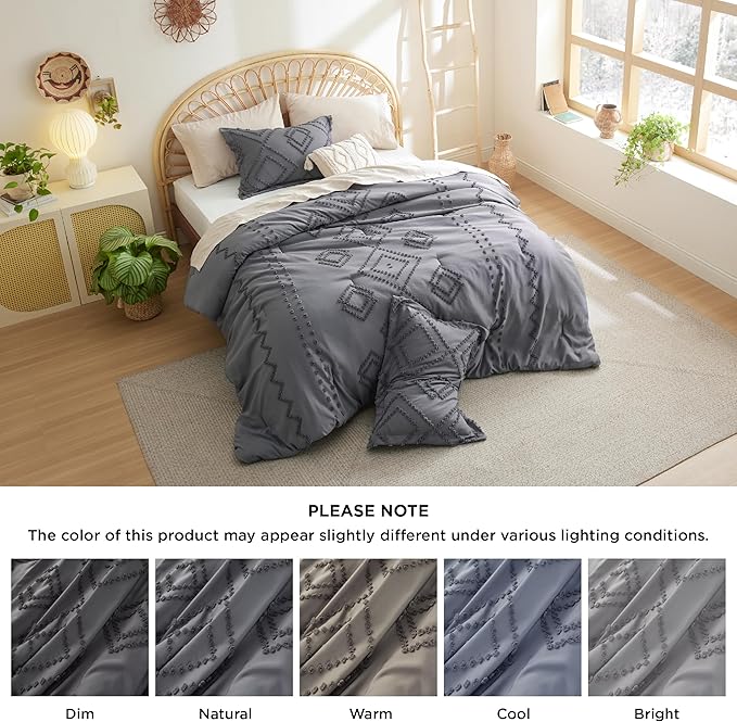 Bedsure Boho Comforter Set Full - Dark Grey Tufted Bedding Comforter Set, 3 Pieces Farmhouse Shabby Chic Embroidery Bedding Set, Soft Geometric Pattern Comforter for All Seasons