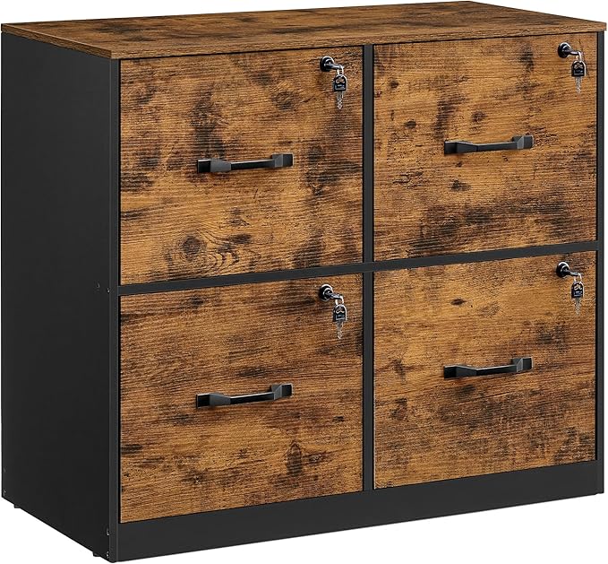 VASAGLE 4-Drawer File Cabinet, Filing Cabinet for Home Office, Printer Stand, with 4 Lockable Drawers, Adjustable Hanging Rail, for A4 and Letter-Size Files, Rustic Brown UOFC062B01
