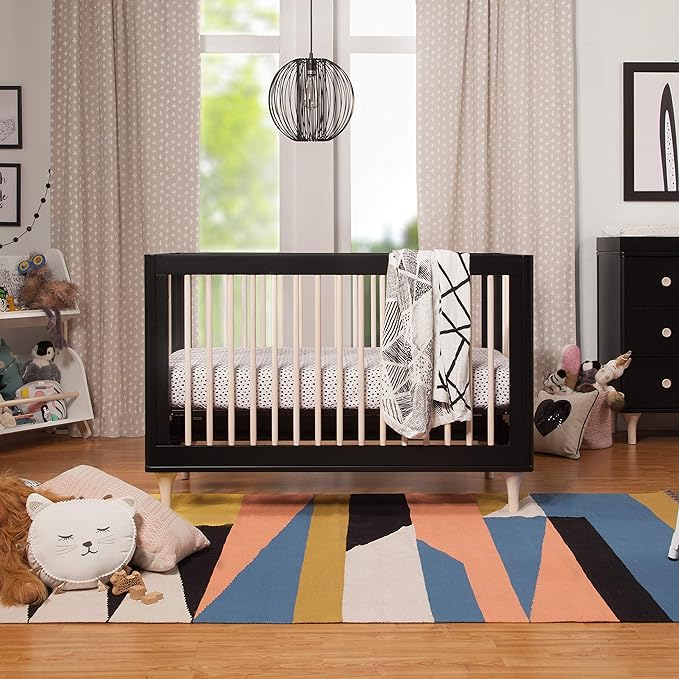 Babyletto Lolly 3-in-1 Convertible Crib with Toddler Bed Conversion Kit in Black and Washed Natural, Greenguard Gold Certified