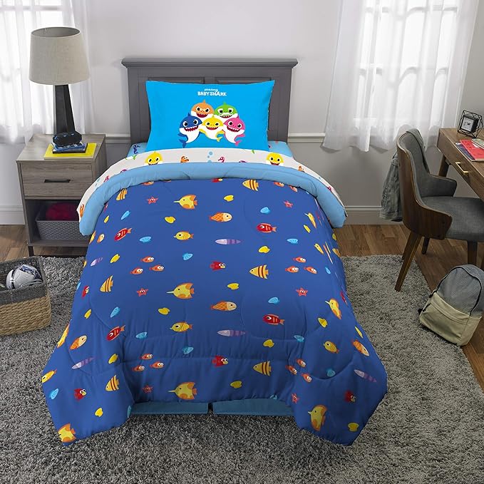 Franco Kids Bedding Super Soft Comforter and Sheet Set, 4 Piece Twin Size, Baby Shark