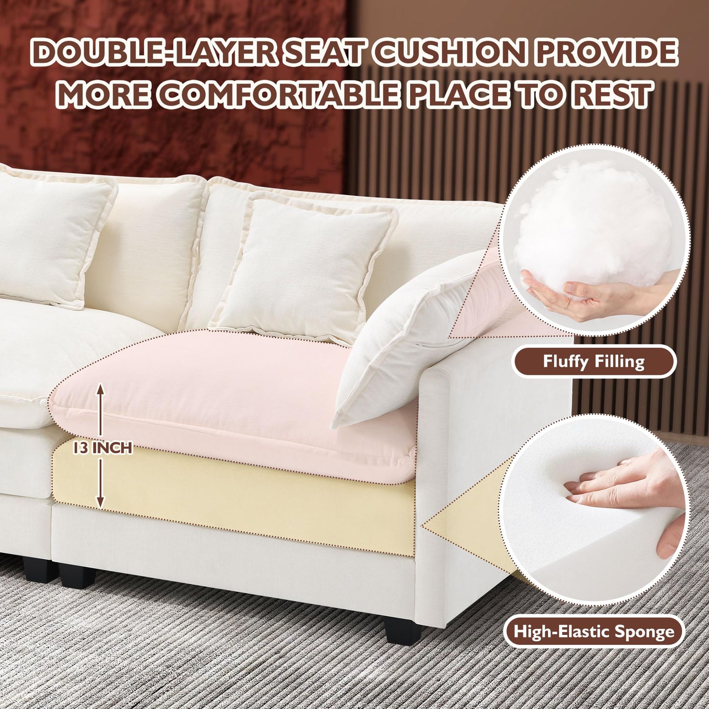 Ihanherry 111.4" L Shaped Modern Sofa Modular Sectional Cloud Couch with Ottoman, 4-Seat Chenille Deep Seat Sofa with Pillow for Living Room, Bedroom and Apartment, Beige