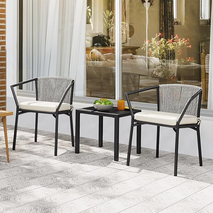 YITAHOME Wicker 3-Piece Outdoor Bistro Set, All-Weather Patio Conversation Set with Stackable Chairs & Table, Outdoor Sectional Furniture Set for Balcony, Backyard, Pool, Porch, Deck - Grayish White