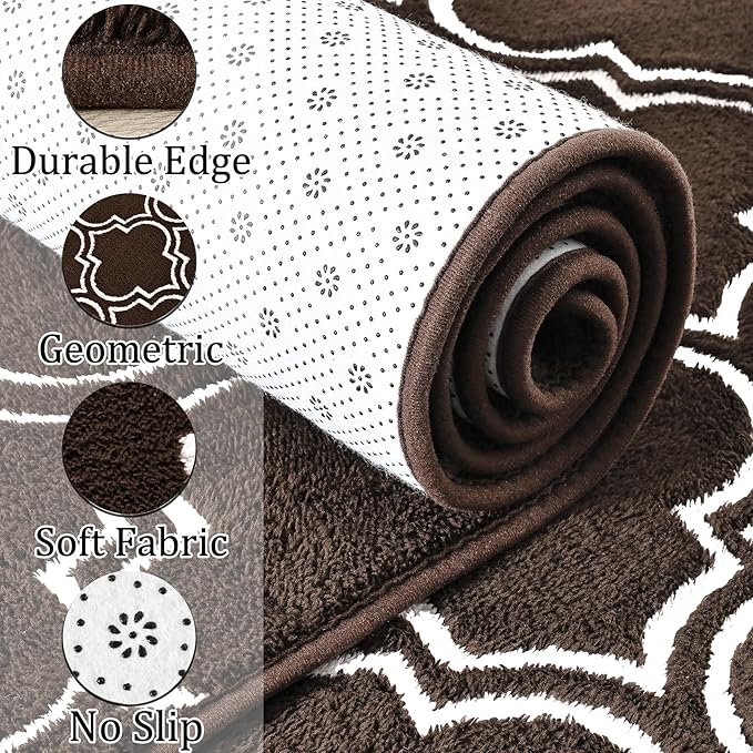 Chicrug Shag Geometric Modern Runner Rug for Bedroom, 2x6 Feet Memory Foam Indoor Hallway Runner Carpet, Fluffy Rug for Living Room Bedside Room Decor for Family, Brown/White