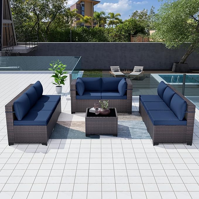 Patio Furniture Set 9-Pieces Outdoor Furniture for Backyard Wicker Sectional Sofa Set, Rattan Patio Conversation Set with Thickened Cushions and Glass Coffee Table, Navy Blue
