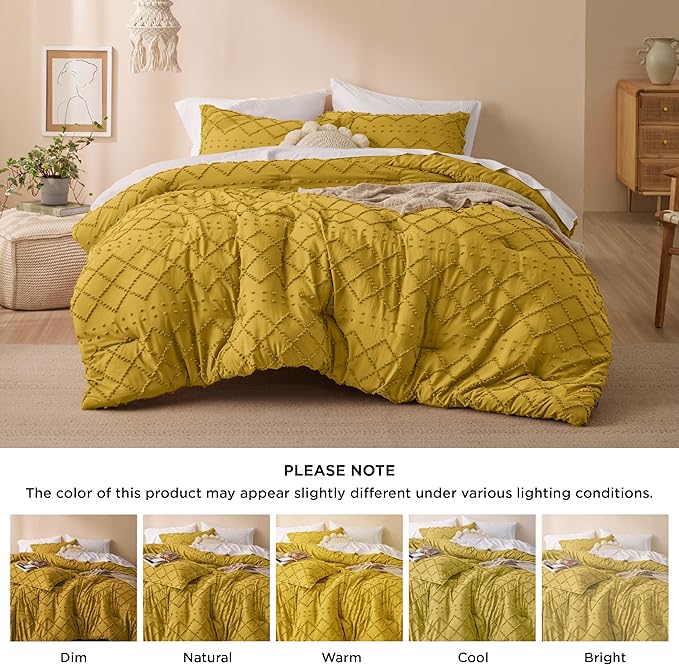 Bedsure Queen Comforter Set - Mustard Yellow Comforter, Boho Tufted Shabby Chic Bedding Comforter Set, 3 Pieces Vintage Farmhouse Bed Set for All Seasons, Fluffy Bedding Set with 2 Pillow Shams