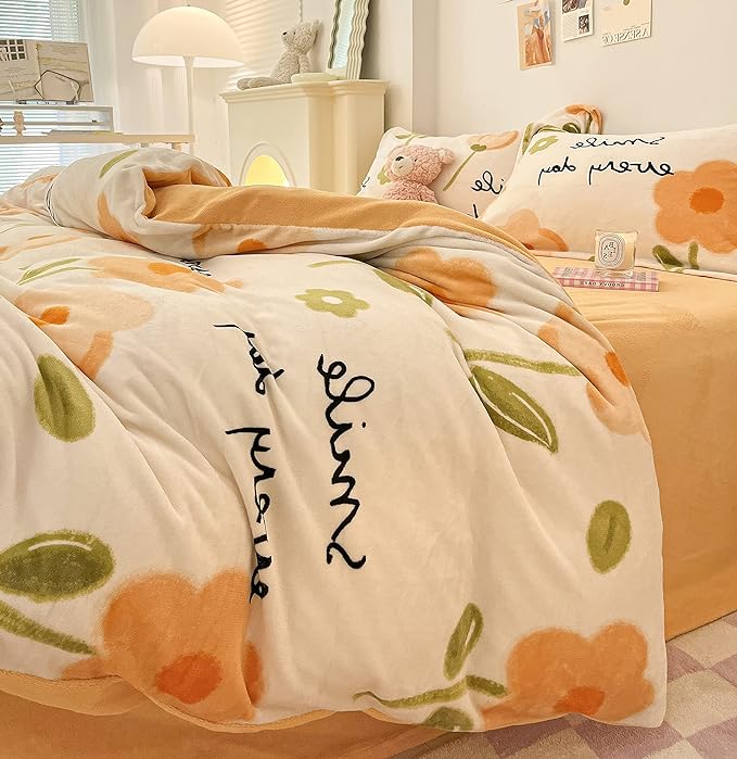 MorroMorn Twin Bedding Sets, Orange Floral Duvet Cover Set, Fluffy Comforter Covers Blanket Ultra Soft Cute Flowers for Girls Kids Toddler Teen Preppy Dorm Twin/Twin XL Size