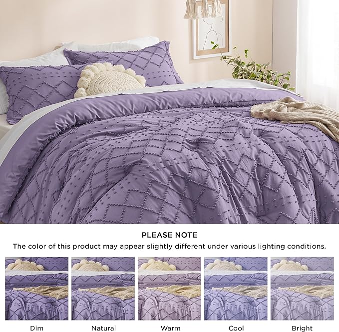 Bedsure Queen Comforter Set - Grayish Purple Comforter, Boho Tufted Shabby Chic Bedding Comforter Set, 3 Pieces Farmhouse Bed Set for All Seasons, Fluffy Soft Bedding Set with 2 Pillow Shams