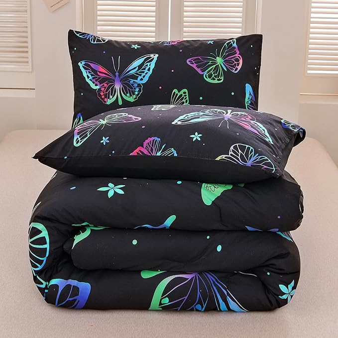 Btargot 3 Piece Butterfly Pattern Girls Comforter Set with 2 Pillow Covers, Gradient Line Rainbow Printed Bedding Set for Women, Queen Black