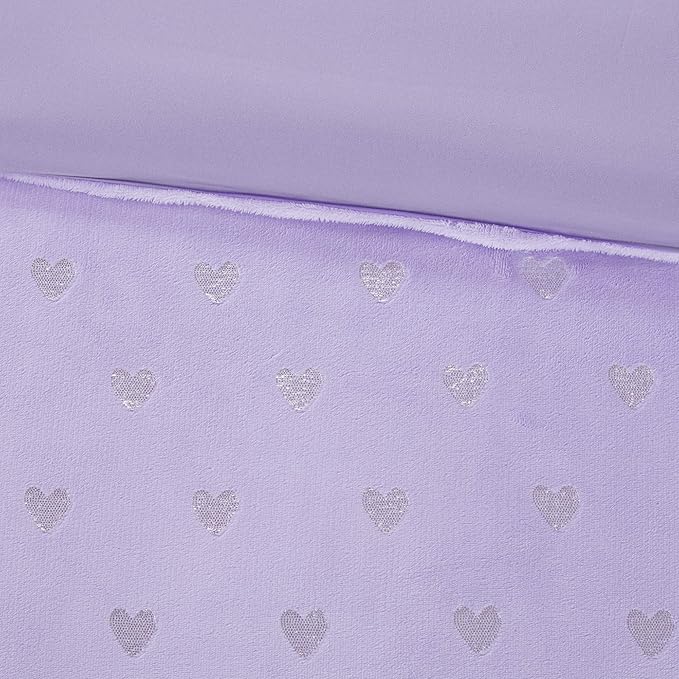 Mi Zone Rosalie Comforter Set for Girls, Ultra-Soft Microlight Plush Metallic Printed Hearts Brushed Reverse Overfilled Down Alternative Hypoallergenic All Season, Twin/Twin XL, Purple/Silver, 3 Piece