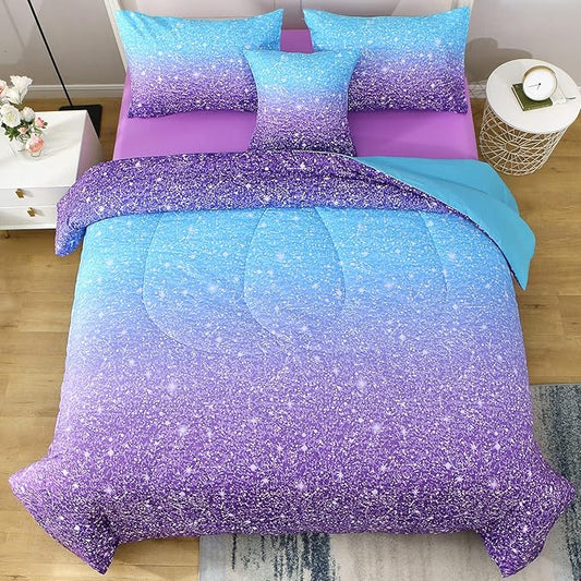 JQinHome Full Blue Purple Comforter Set, 6 Piece Bed in A Bag 3D Colorful Ombre Bedding Set for Girls Women (1 Comforter,2 Pillowcases,1 Flat Sheet,1 Fitted Sheet,1 Cushion Cover)(Blue Purple)