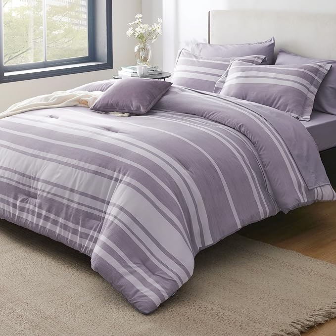 Bedsure Bed in a Bag Queen Size 7 Pieces, Purple White Striped Bedding Comforter Sets All Season Bed Set, 2 Pillow Shams, Flat Sheet, Fitted Sheet and 2 Pillowcases