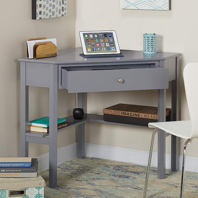 Target Marketing Systems Ellen Corner Desk Drawer and One Storage Shelf for Living Room, Bedroom, or Home Office, Small Computer Table, 42" W x 30" H, Anchor Gray