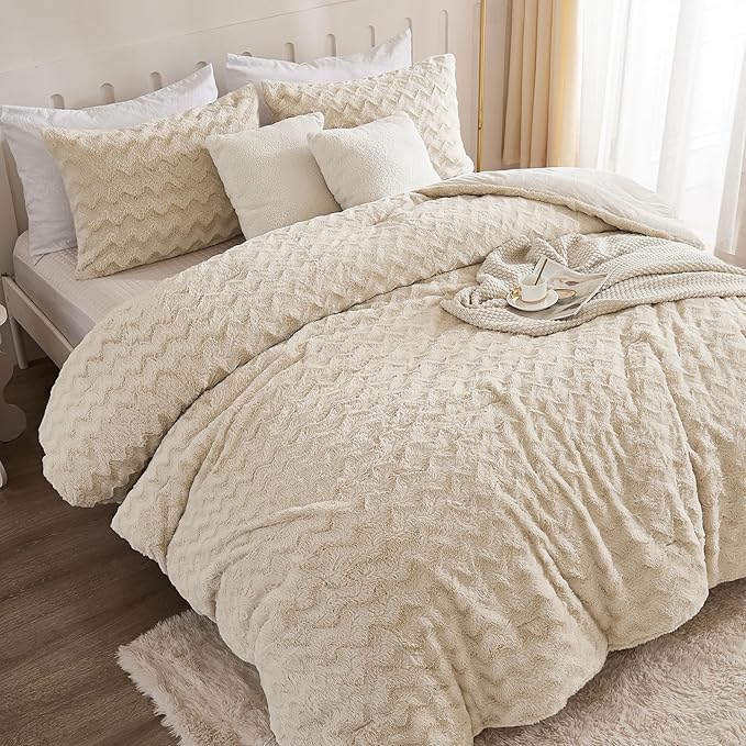 Andency Fleece Beige Comforter Set King, 3 Pieces Fuzzy Plush Faux Fur Bedding Comforter, Fluffy Shaggy Warm Sherpa Bed Set for Winter (104x90Inch Comforter)