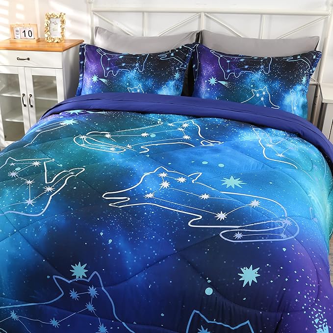 Wowelife Galaxy Bedding Set Full Size 5 Pieces Galaxy Space Comforter Set Blue 3D Galaxy Kids Comforter Sets Lightweight with Comforter, Flat Sheet, Fitted Sheet and 2 Pillowcases