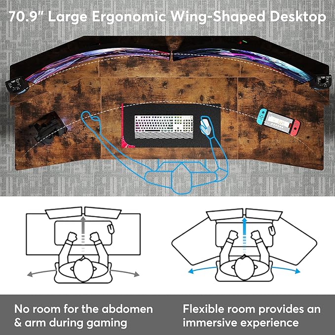 70.9" Large Computer Desk Home Office Desk Wing-Shaped Gaming Studio Desk, Rustic Brown