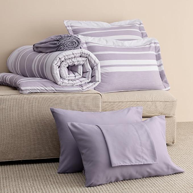 Bedsure Twin XL Comforter Set, Extra Long 5 Pieces Purple Striped Twin XL Bedding Sets, All Season Dorm Room Essentials with 1 Pillow Sham, Flat Sheet, Fitted Sheet and 1 Pillowcase