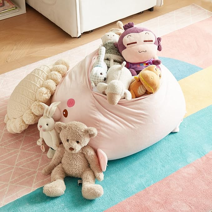 Stuffed Animal Storage Bean Bag Chair Cover for Kids Pink Pig Plush Bean Bag Chair for Girls Large Size Toy Organizer Cover Only Without Filling