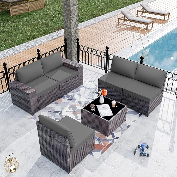Patio Furniture Set Sofa 6-Piece Wicker PE Rattan Sectional Sofa Set, Outdoor Furniture Patio Conversation Set with Glass Coffee Table, Grey