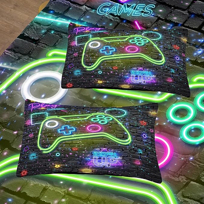 Gamer Comforter Sets for Boys, Twin Boys Bedding Set, 5 Piece Bed in a Bag Twin Boys, Teen Boy Comforter Set, Gamer Bedding Set with Flat Sheet, Fitted Sheet