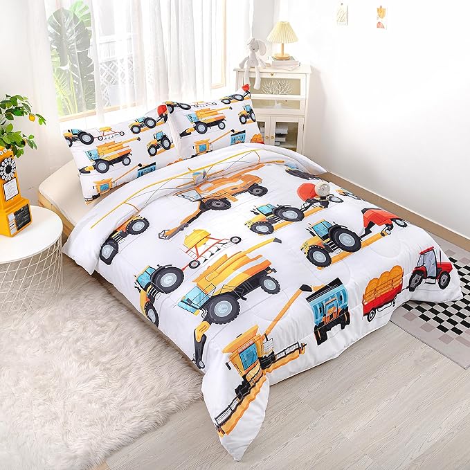 CVHOUSE Tractor Bedding Sets for Boys,Excavators Comforter Full,Boys Cartoon Truck Comforter Set,Trucks Tractors Cars Quilt Set with 1 Comforter and 2 Pillow Cases- 3 Piece