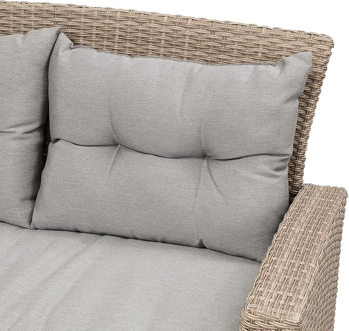 4-Piece Rattan Patio Furniture Sets, All Weather Outdoor Sectional Sofa Loveseat with Ottoman,Soft Cushions&Glass Table w/Shelf, Wicker Conversation Couch for Garden Backyard, Onesize, Gray