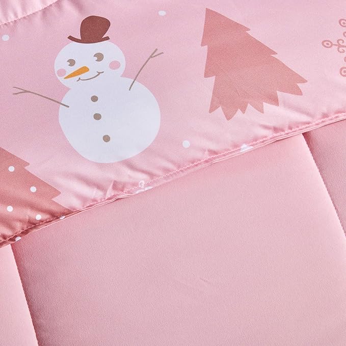 SLEEP ZONE Kids Twin Bedding Comforter Set - Super Cute & Soft Kids Bedding 5 Pieces Set with Comforter, Sheet, Pillowcase & Sham (Pink Snowman)