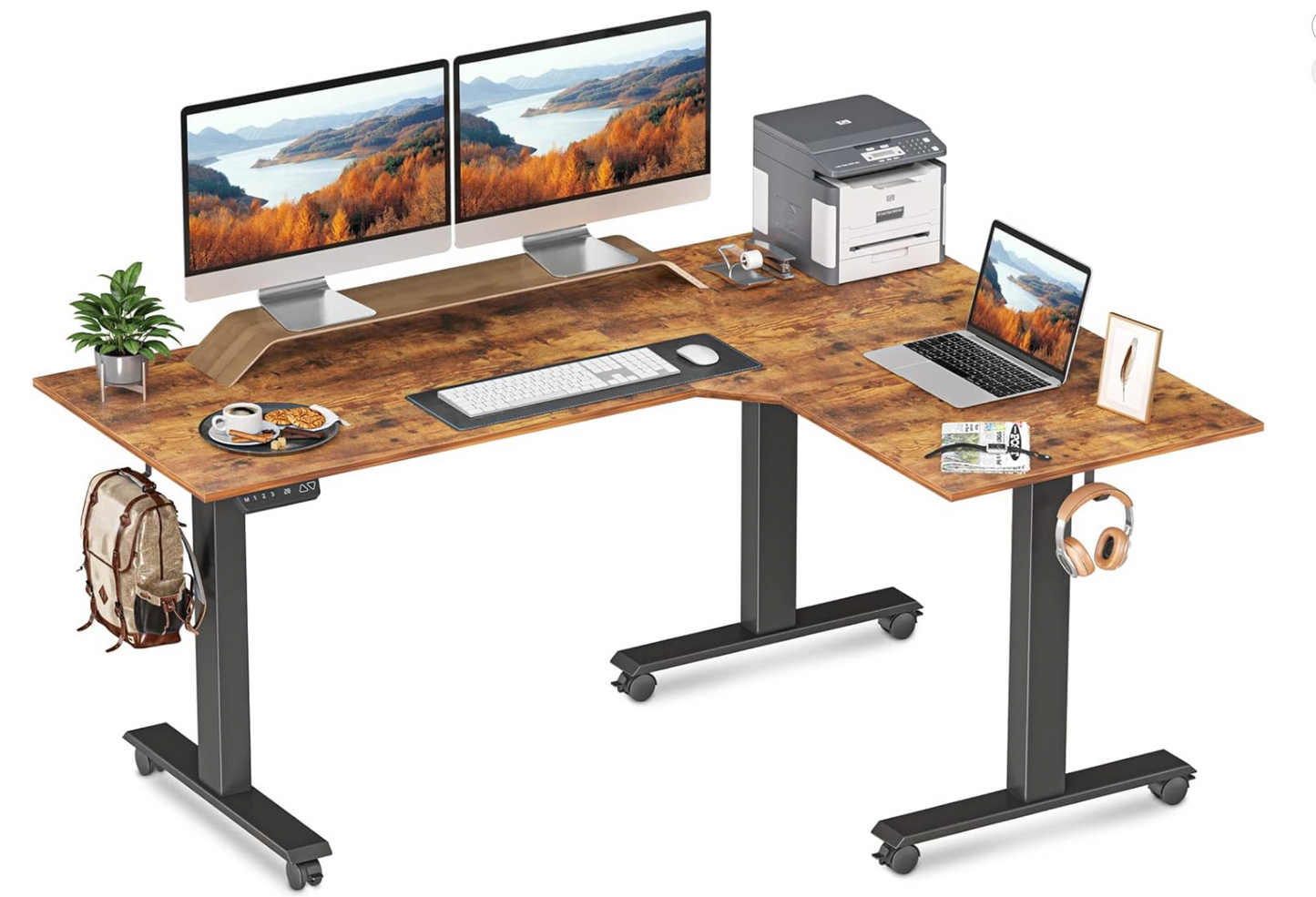 FEZIBO 75 Inches, Supports over 300mlbs, L Shaped Standing Desk Reversible, Electric Height Adjustable Corner Stand up Desk, Sit Stand Desk Computer Workstation, White Frame/Light Rustic Brown Top