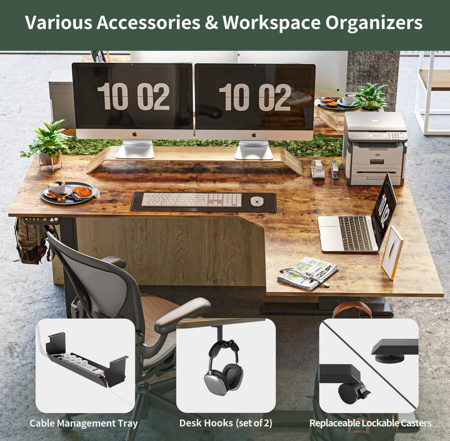 FEZIBO 75 Inches, Supports over 300mlbs, L Shaped Standing Desk Reversible, Electric Height Adjustable Corner Stand up Desk, Sit Stand Desk Computer Workstation, White Frame/Light Rustic Brown Top