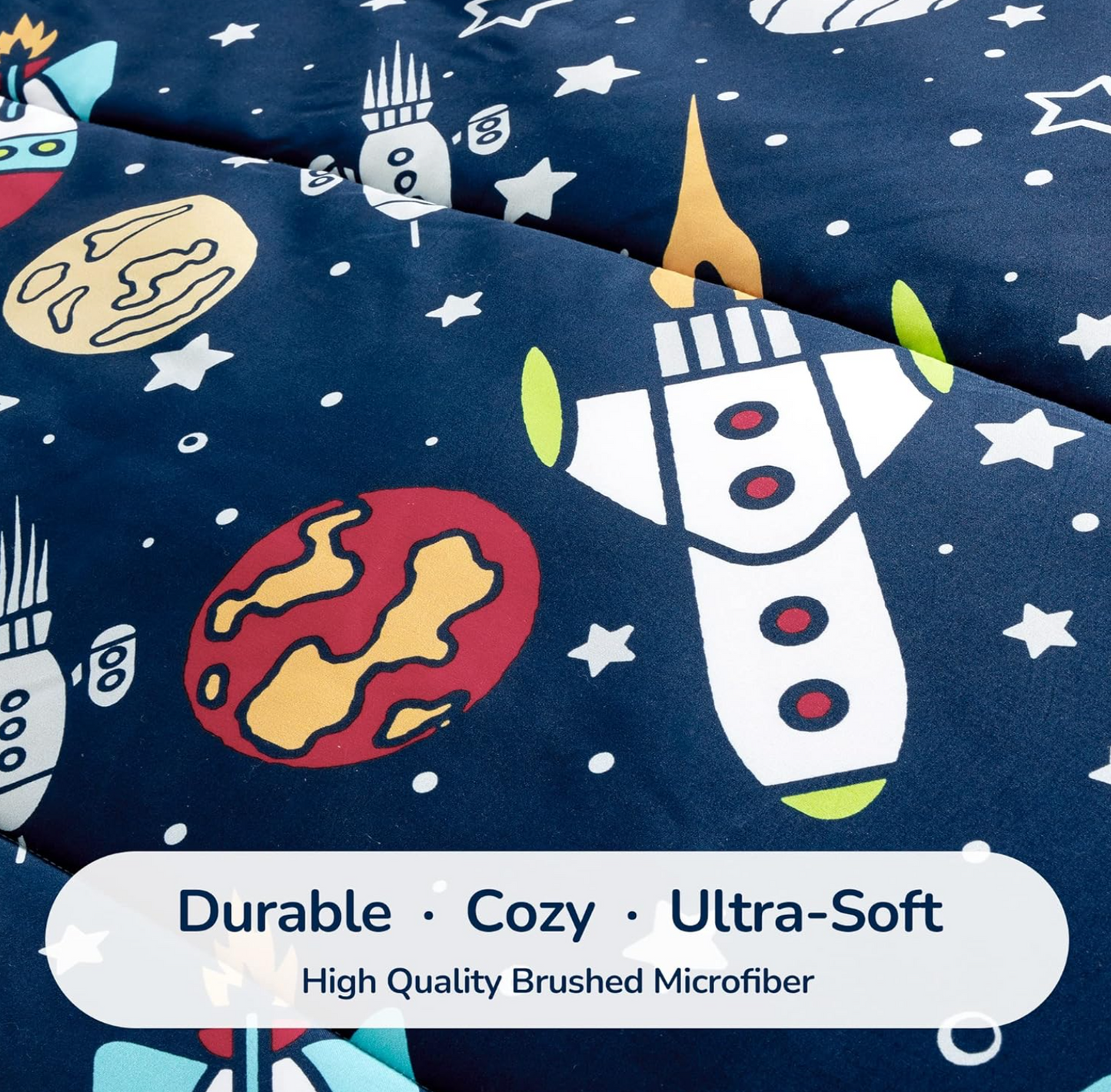 SLEEP ZONE Kids Bedding Comforter Set Full/Queen Size - Super Soft & Cute Printed 3-Piece Comforter Set All Seasons for Boys, Girls, Fade Resistant, Machine Washable, Rocket Galaxy